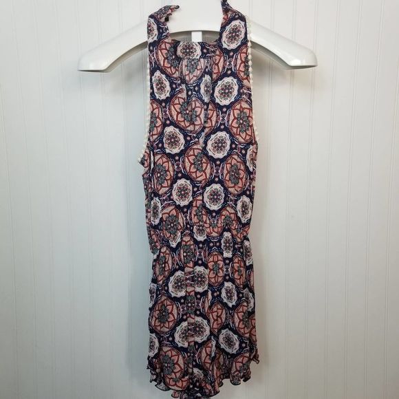 Aqua Floral Circle Pattern V-Neck Romper XS - Picture 2 of 7